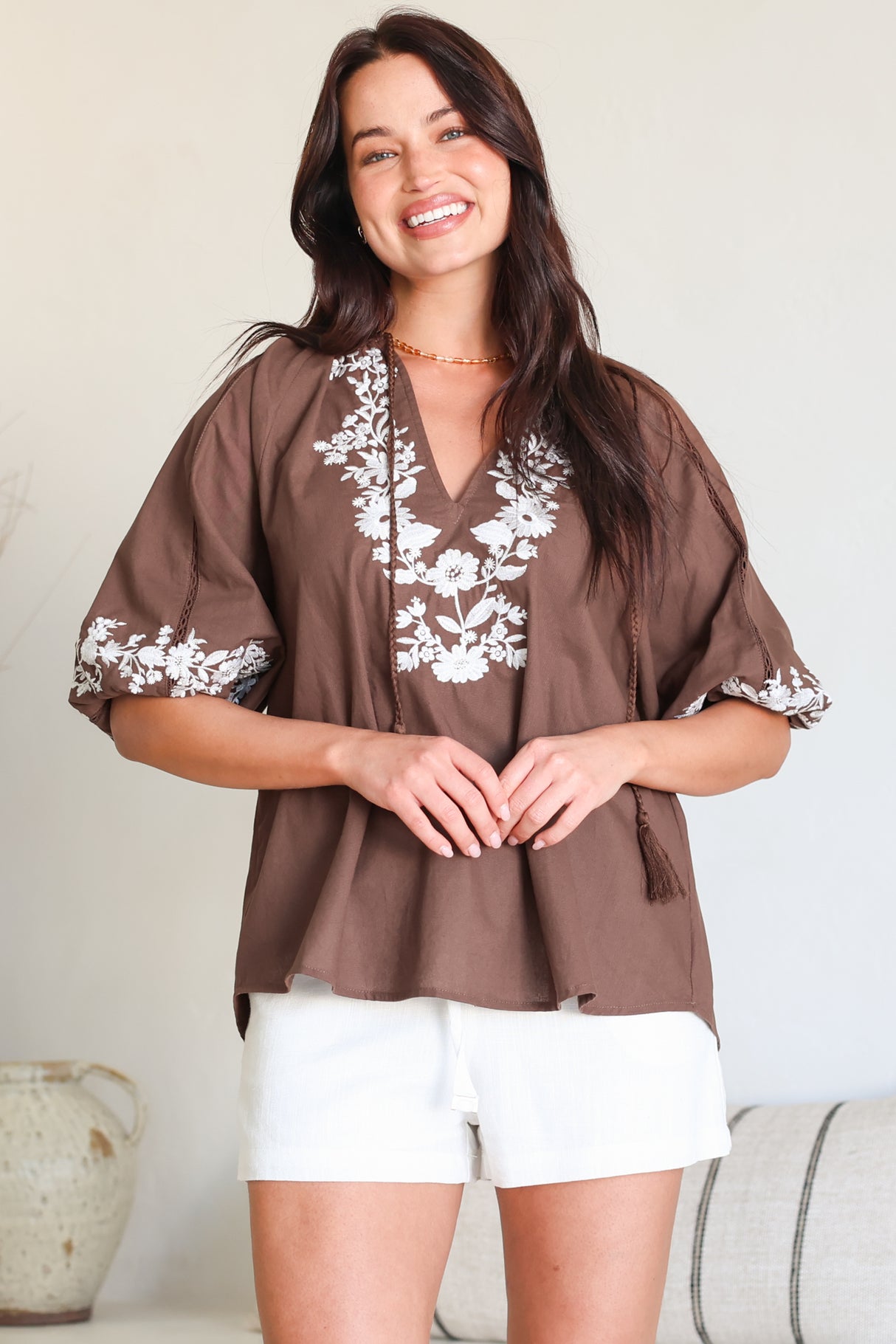 Margerie Top - Floral Embroidered Top with 3/4 Sleeves in Chocolate
