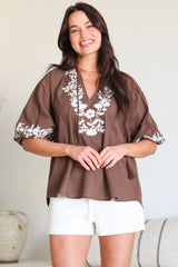 Margerie Top - Floral Embroidered Top with 3/4 Sleeves in Chocolate