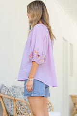 Margerie Top - Floral Embroidered Top with 3/4 Sleeves in Lilac