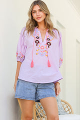 Margerie Top - Floral Embroidered Top with 3/4 Sleeves in Lilac