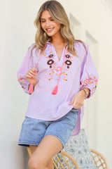 Margerie Top - Floral Embroidered Top with 3/4 Sleeves in Lilac