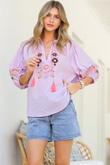 Margerie Top - Floral Embroidered Top with 3/4 Sleeves in Lilac
