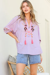Margerie Top - Floral Embroidered Top with 3/4 Sleeves in Lilac