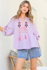Margerie Top - Floral Embroidered Top with 3/4 Sleeves in Lilac