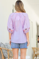 Margerie Top - Floral Embroidered Top with 3/4 Sleeves in Lilac