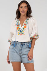 Margerie Top - Floral Embroidered Top with 3/4 Sleeves in White