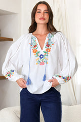 Margerie Top - Floral Embroidered Top with Long Sleeves in White