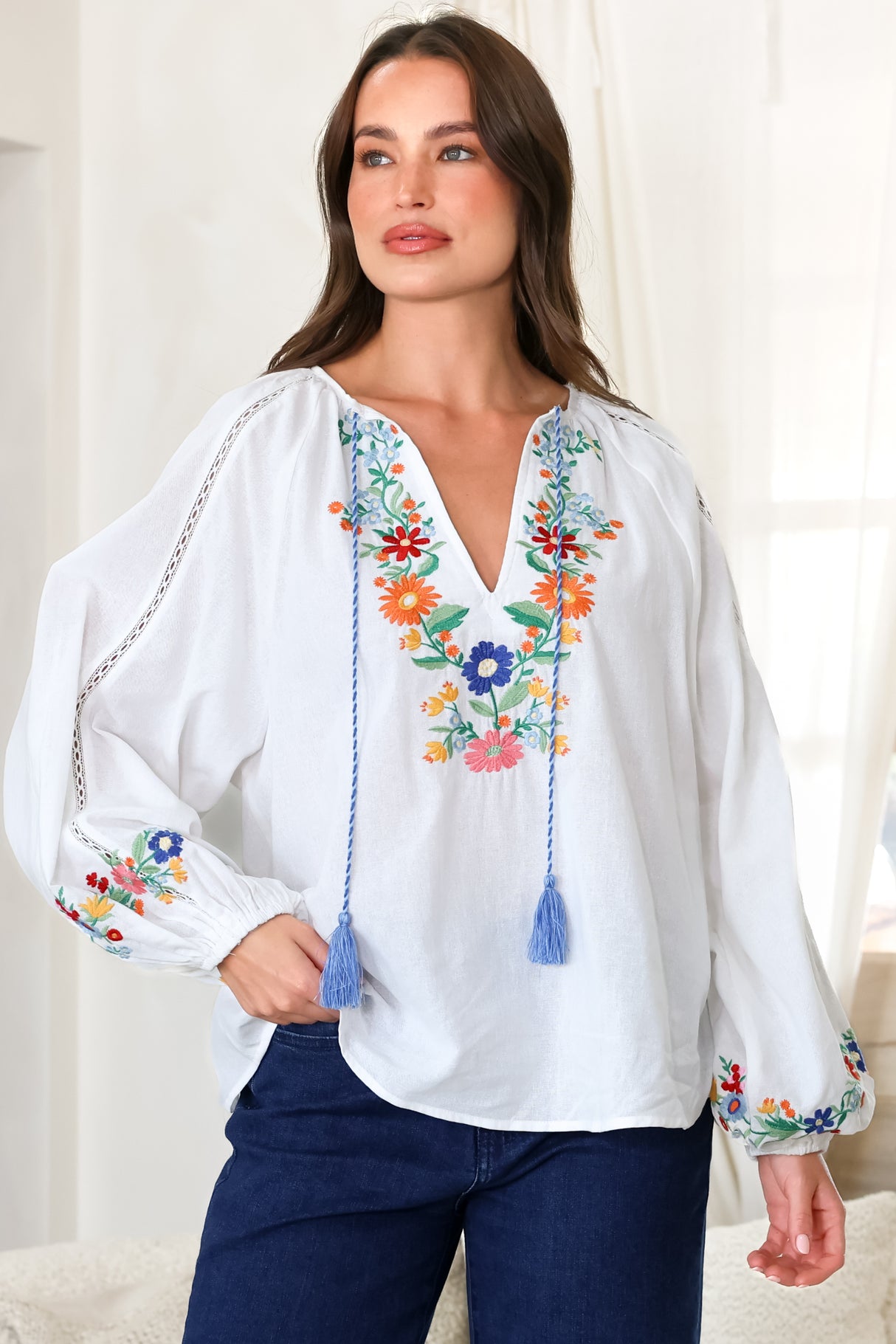Margerie Top - Floral Embroidered Top with Long Sleeves in White
