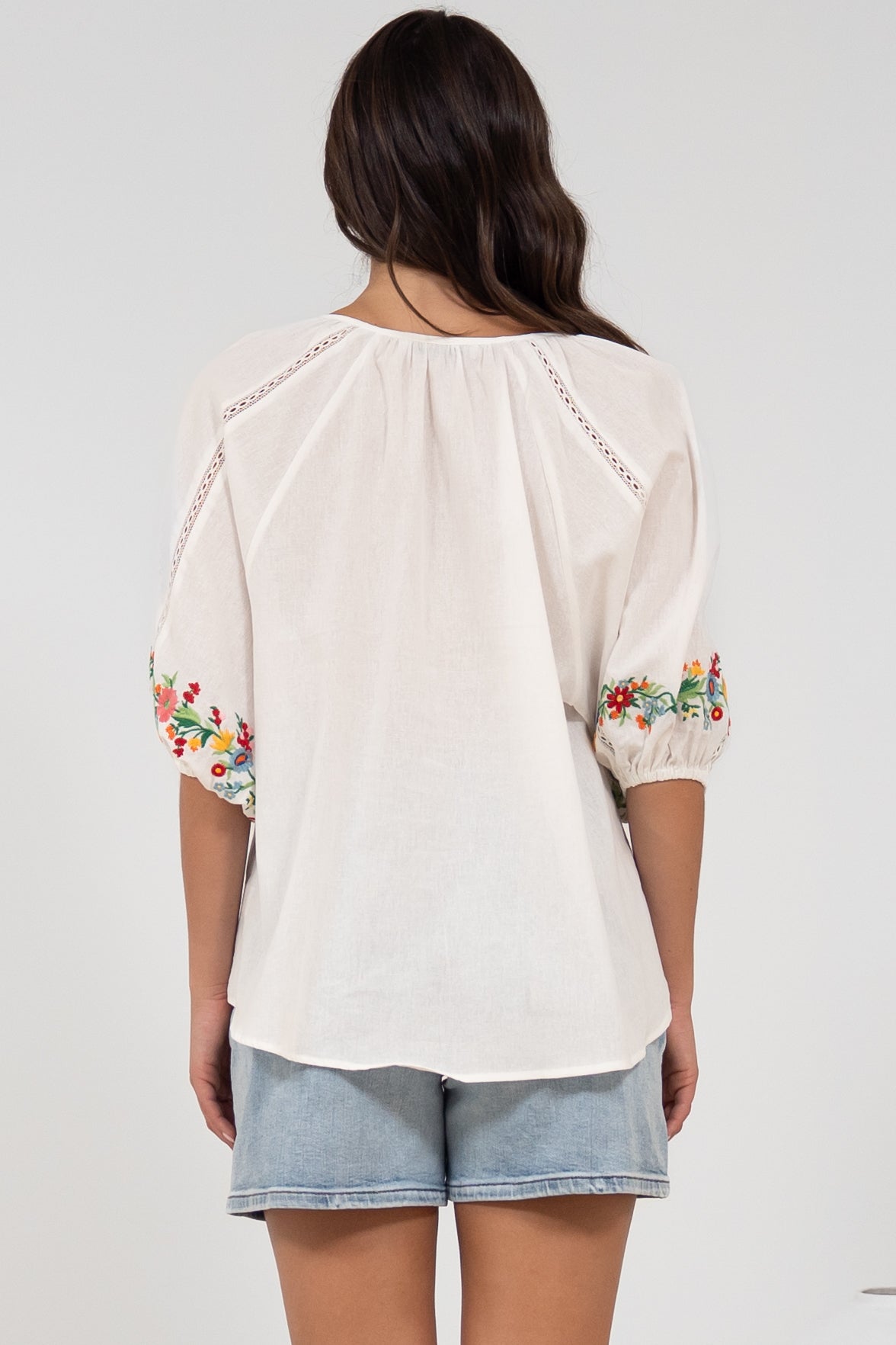Margerie Top - Floral Embroidered Top with 3/4 Sleeves in White