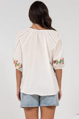 Margerie Top - Floral Embroidered Top with 3/4 Sleeves in White
