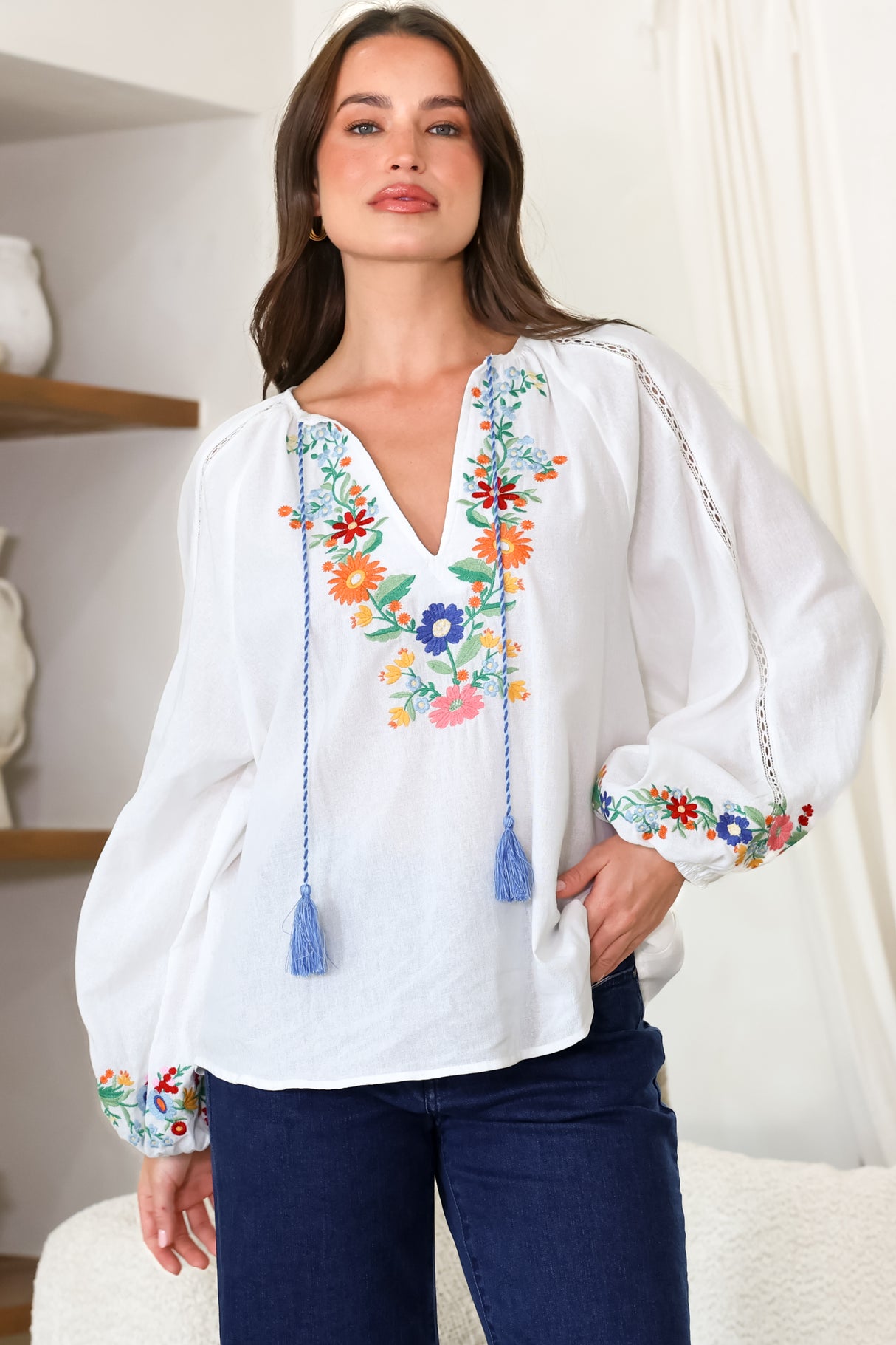 Margerie Top - Floral Embroidered Top with Long Sleeves in White