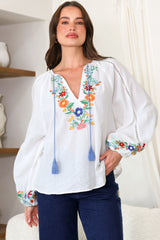 Margerie Top - Floral Embroidered Top with Long Sleeves in White