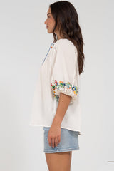 Margerie Top - Floral Embroidered Top with 3/4 Sleeves in White