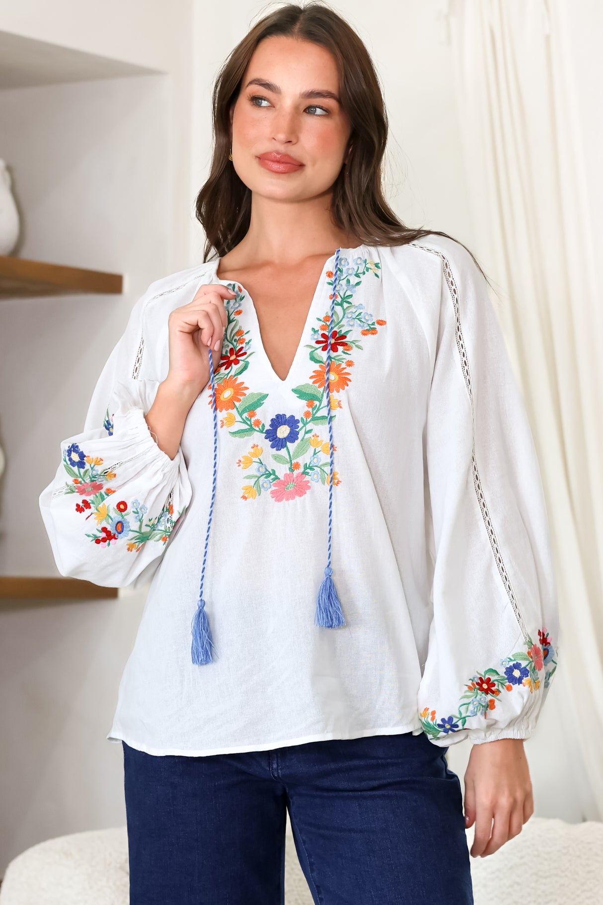 Margerie Top - Floral Embroidered Top with Long Sleeves in White