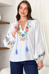 Margerie Top - Floral Embroidered Top with Long Sleeves in White
