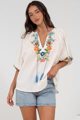 Margerie Top - Floral Embroidered Top with 3/4 Sleeves in White