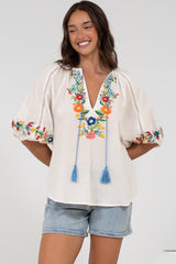 Margerie Top - Floral Embroidered Top with 3/4 Sleeves in White