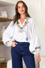 Margerie Top - Floral Embroidered Top with Long Sleeves in White