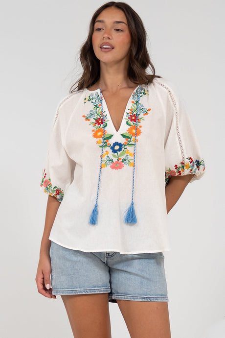 Margerie Top - Floral Embroidered Top with 3/4 Sleeves in White