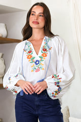 Margerie Top - Floral Embroidered Top with Long Sleeves in White