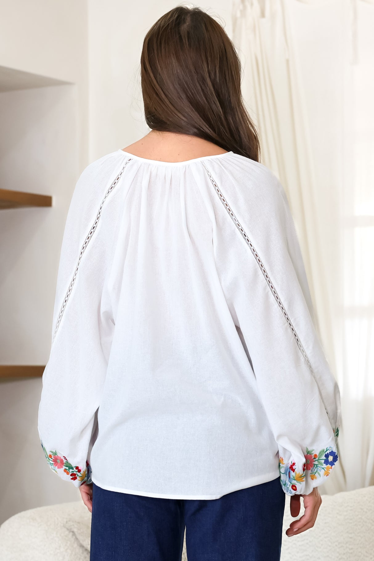 Margerie Top - Floral Embroidered Top with Long Sleeves in White