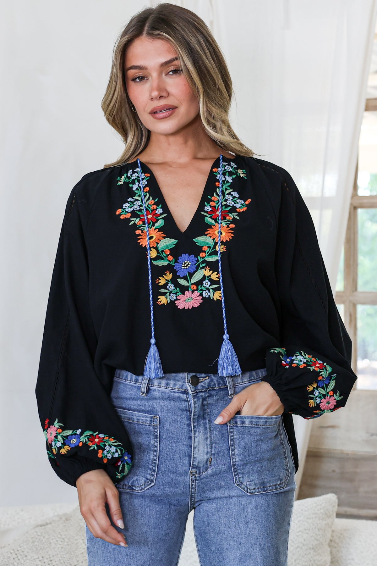 Margerie Top Floral Embroidered Top Long Sleeves