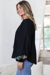 Margerie Top - Floral Embroidered Top with Long Sleeves in Black