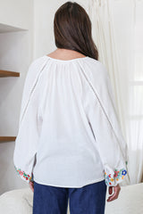 Margerie Top - Floral Embroidered Top with Long Sleeves in White