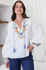 Margerie Top - Floral Embroidered Top with Long Sleeves in White