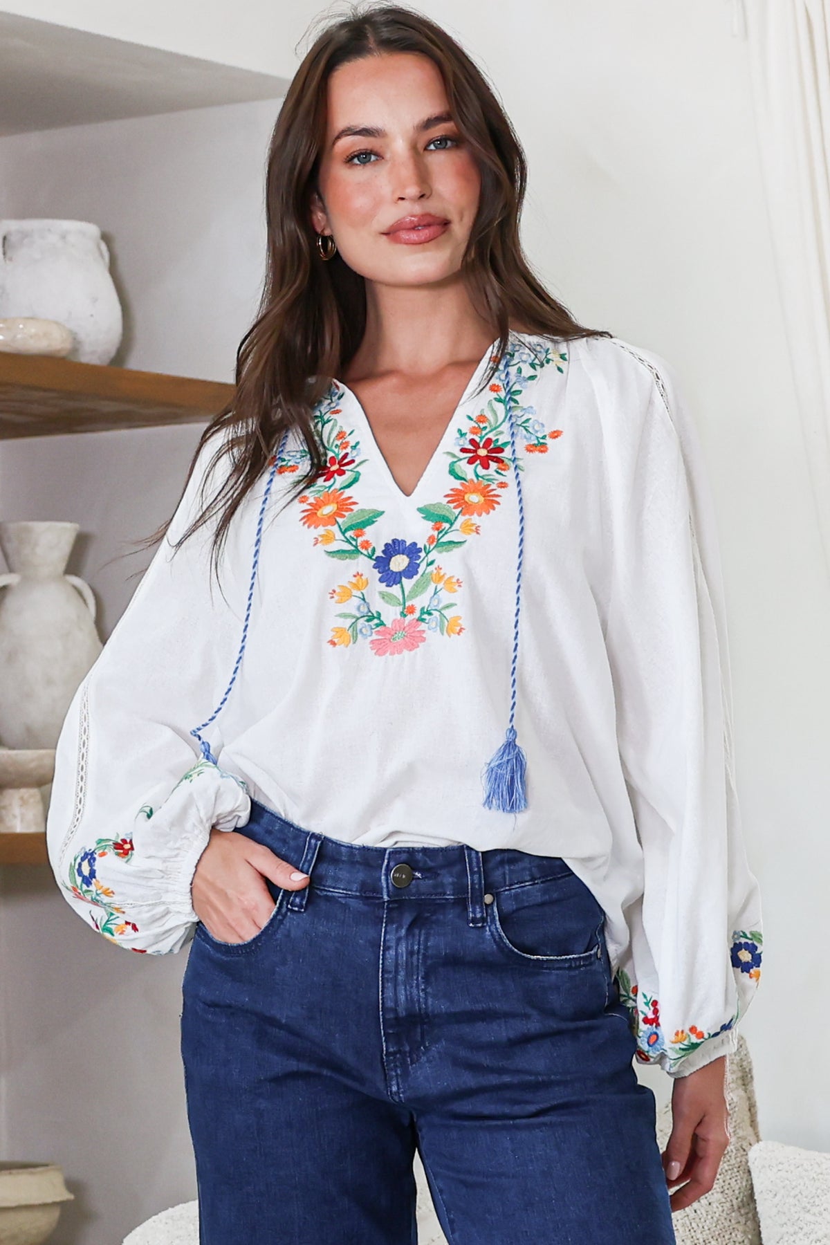 Margerie Top Floral Embroidered Top Long Sleeves