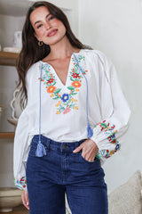 Margerie Top - Floral Embroidered Top with Long Sleeves in White