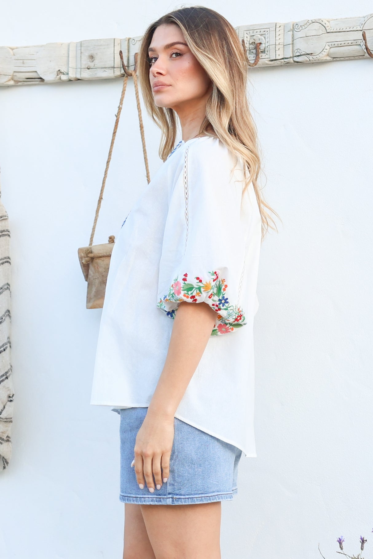 Model wearing Margerie Top in White from Salty Crush