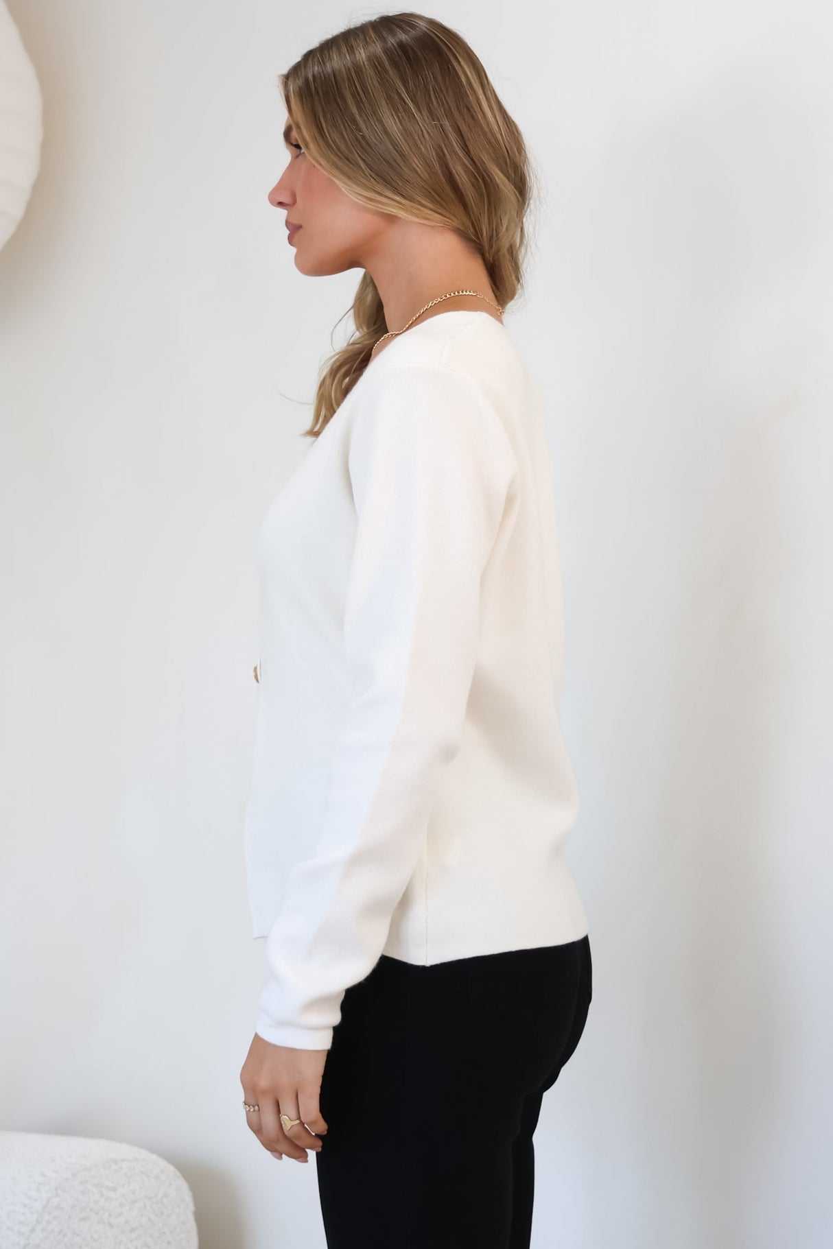 Margot Cardigan - Gold Buttoned Cardigan in Cream