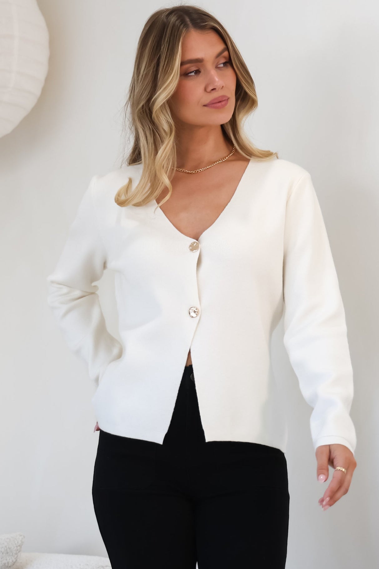 Margot Cardigan - Gold Buttoned Cardigan in Cream