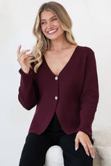 Margot Cardigan - Gold Buttoned Cardigan in Wine