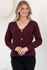 Margot Cardigan - Gold Buttoned Cardigan in Wine