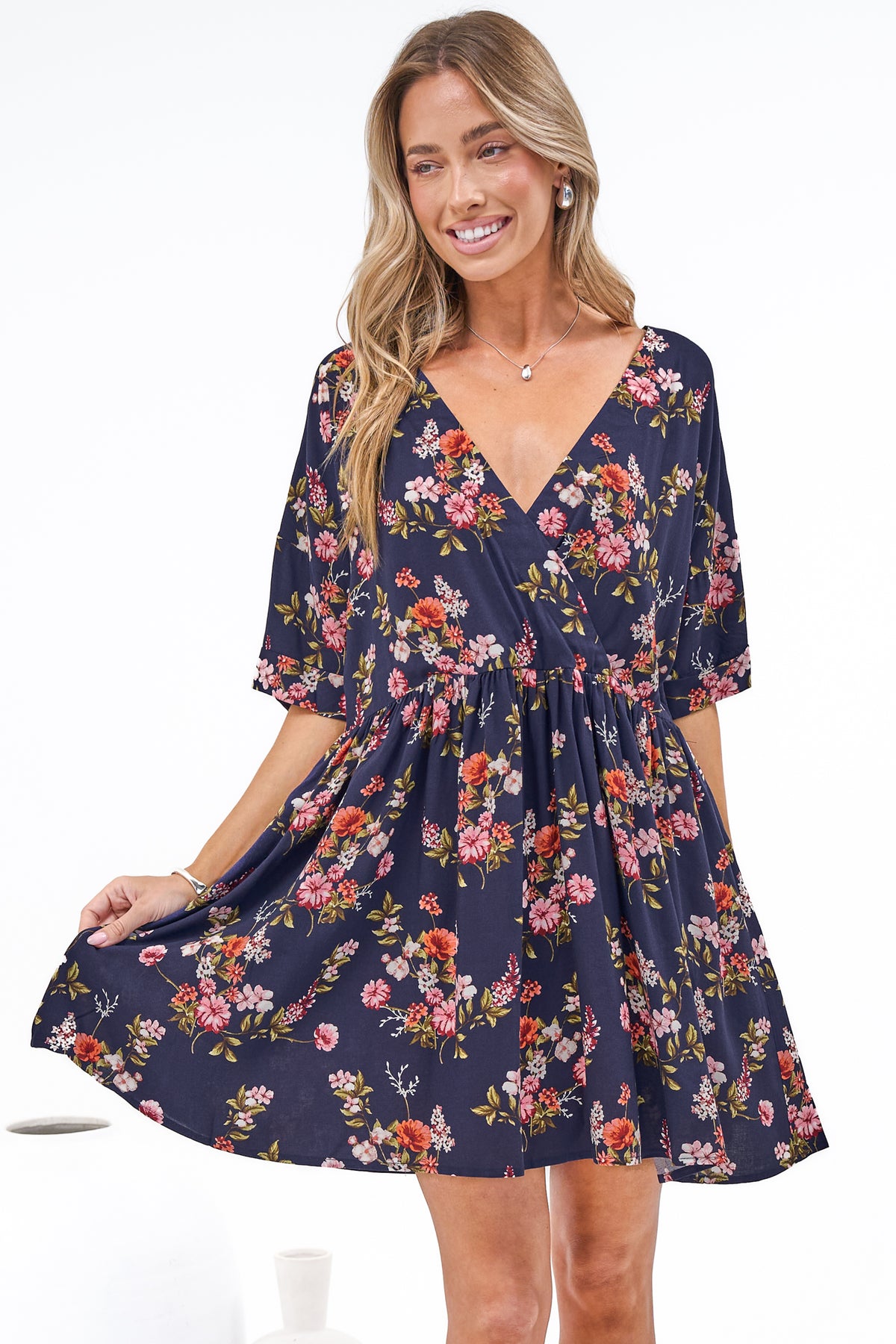 Margot Mini Dress - V Neck Short Sleeves Mini Dress in Rosalune Print