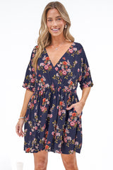 Margot Mini Dress - V Neck Short Sleeves Mini Dress in Rosalune Print