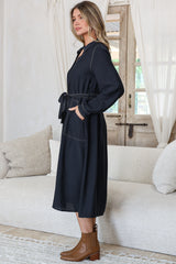 Maria Midi Dress - Wing Collar V Neck Contrast Stitch Shirt Dress with Balloon Sleeves and Belt in Indigo
