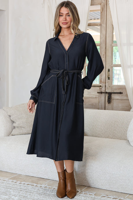 Model wearing Maria Midi Dress in Indigo from Salty Crush 