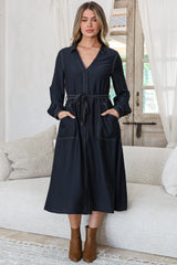 Maria Midi Dress - Wing Collar V Neck Contrast Stitch Shirt Dress with Balloon Sleeves and Belt in Indigo