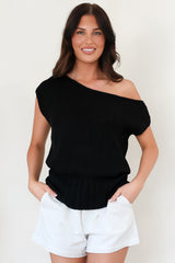 Mariah Knit Top - Sleeveless Asymmetric Neckline Top with Ribbed Hem in Black