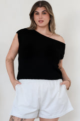 Mariah Knit Top - Sleeveless Asymmetric Neckline Top with Ribbed Hem in Black