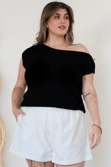 Mariah Knit Top - Sleeveless Asymmetric Neckline Top with Ribbed Hem in Black