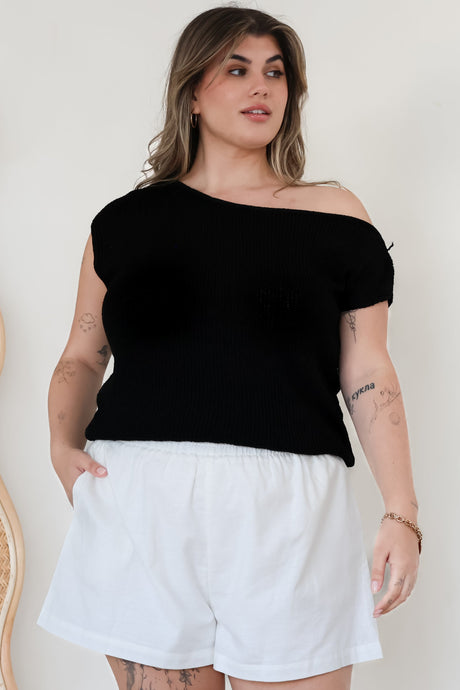 Mariah Knit Top - Sleeveless Asymmetric Neckline Top with Ribbed Hem in Black