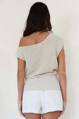 Mariah Knit Top - Sleeveless Asymmetric Neckline Top with Ribbed Hem in Oat