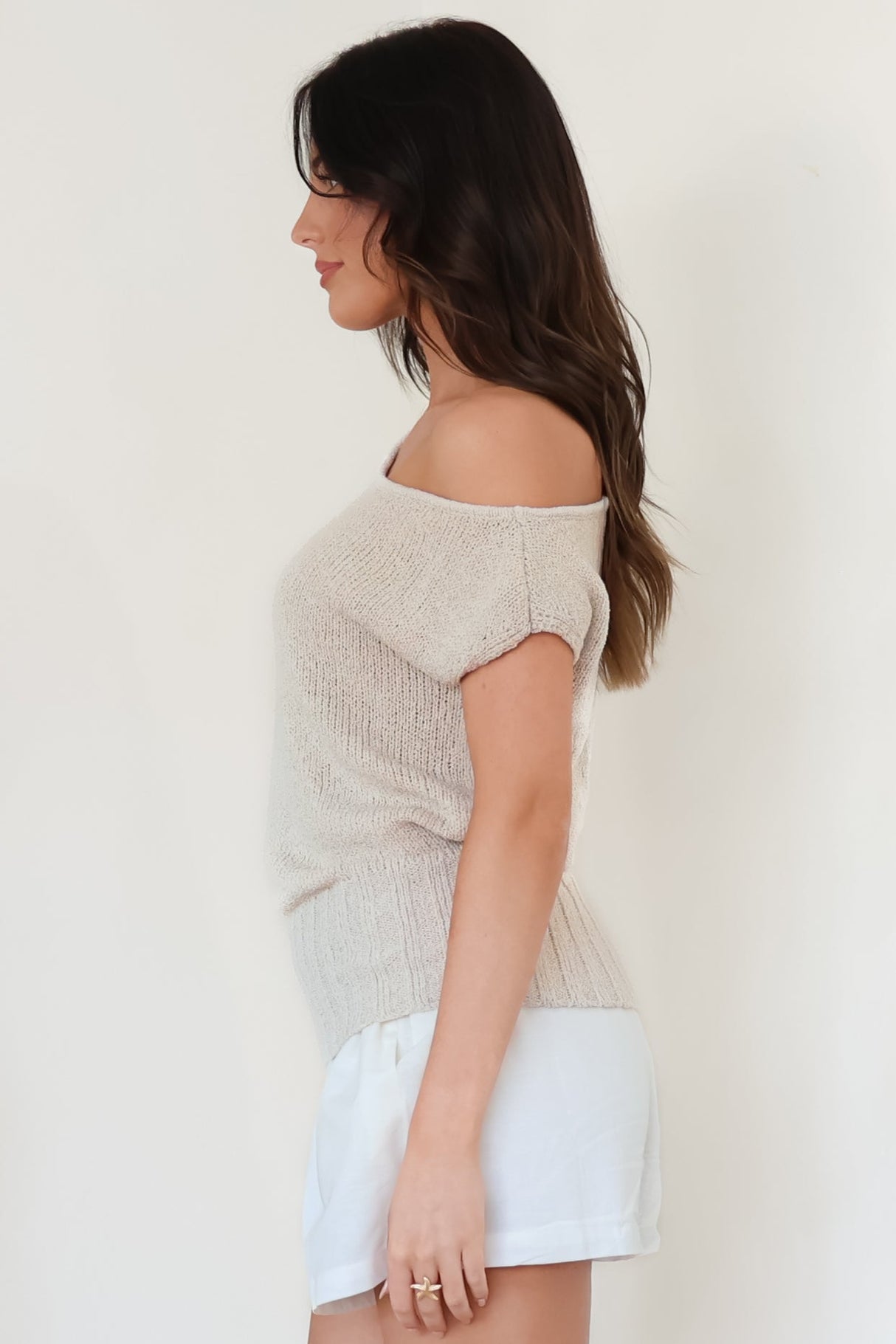 Mariah Knit Top - Sleeveless Asymmetric Neckline Top with Ribbed Hem in Oat