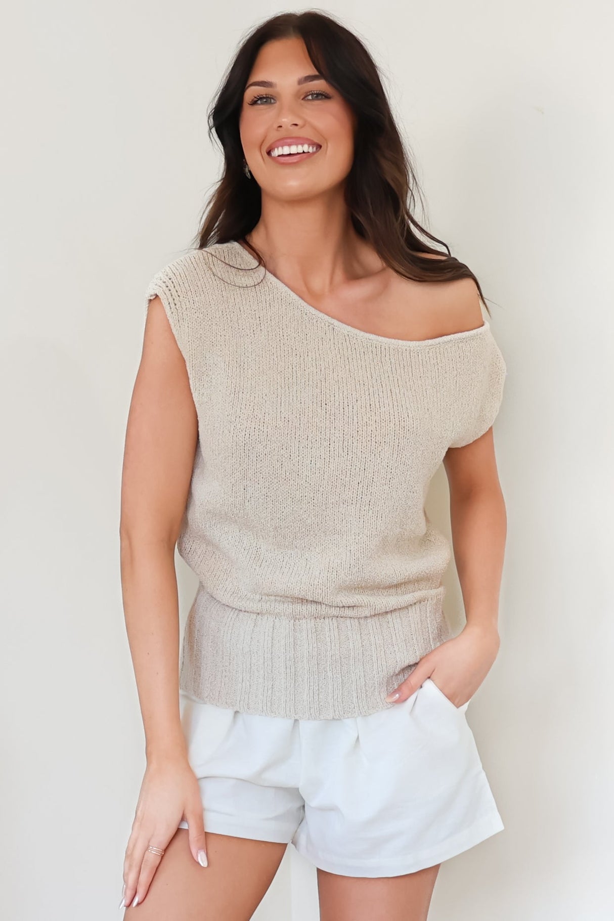 Mariah Knit Top - Sleeveless Asymmetric Neckline Top with Ribbed Hem in Oat