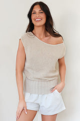 Mariah Knit Top - Sleeveless Asymmetric Neckline Top with Ribbed Hem in Oat