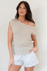 Mariah Knit Top - Sleeveless Asymmetric Neckline Top with Ribbed Hem in Oat